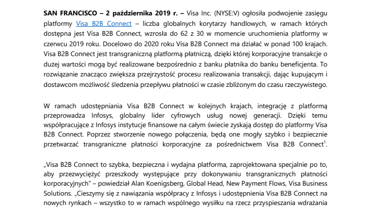 Platforma Visa B2B Connect jest dostępna w kolejnych  32 krajach i została zintegrowana z Infosys