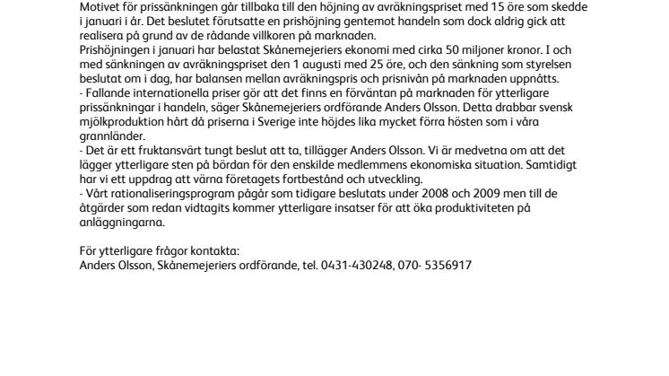 Skånemejerier sänker avräkningspriset med 20 öre