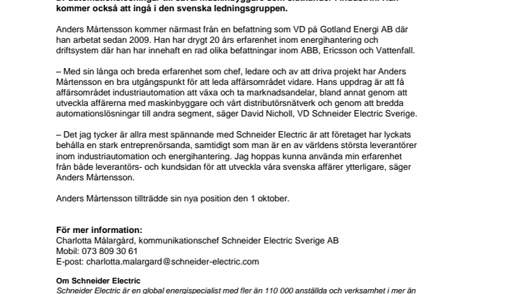 Anders Mårtensson ny VP för Industri på Schneider Electric