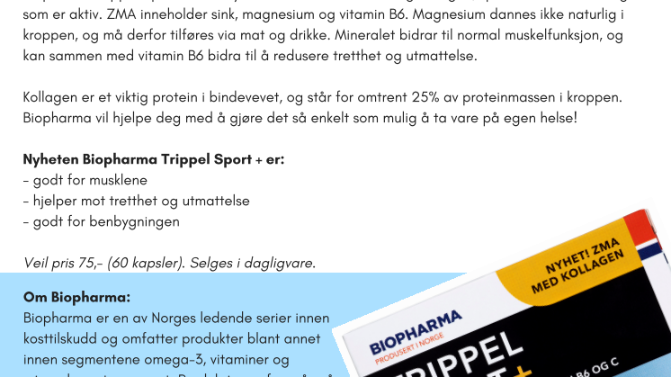 Nyhet! Biopharma Trippel sport + med ZMA og kollagen