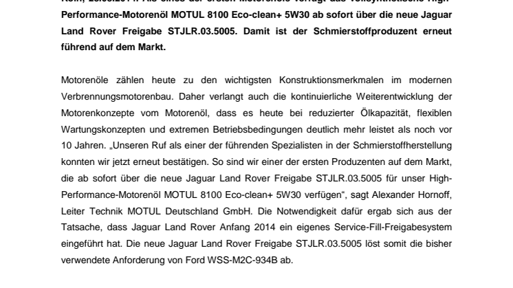 MOTUL 8100 Eco-clean+ 5W30: High-Performance-Motorenöl jetzt auch mit Jaguar Land Rover Freigabe