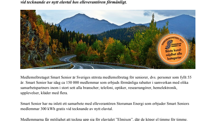 Smart Senior inleder samarbete med Storuman Energi - medlemmarna erbjuds exklusivt erbjudande på el