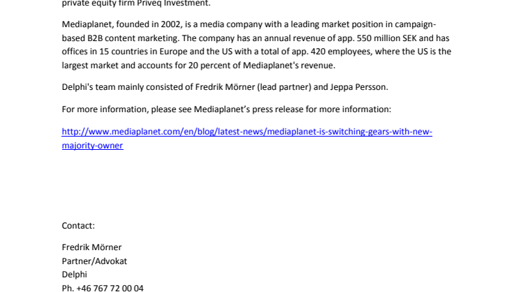 Delphi advisor to the sellers of Mediaplanet International AB