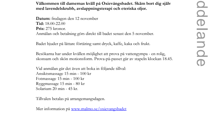 Ladies Night på Oxievångsbadet 12 november