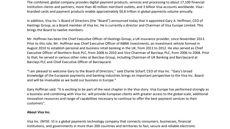 Visa Inc. Completes Acquisition of Visa Europe