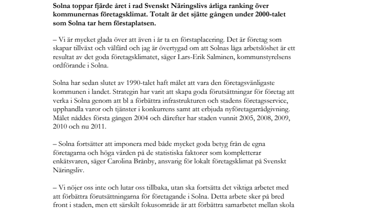 Solna har Sveriges bästa företagsklimat 
