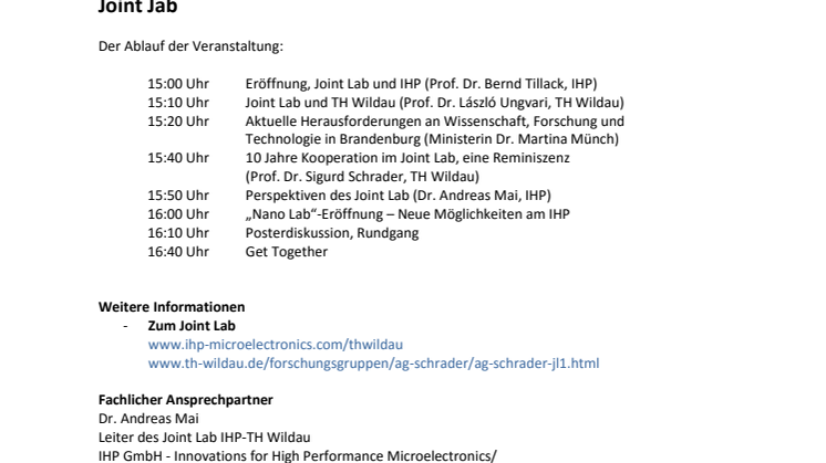 Technische Hochschule Wildau und IHP – Leibniz-Institut für innovative Mikroelektronik Frankfurt (Oder) feiern zehnjährige Kooperation