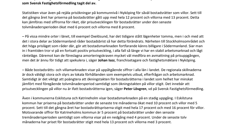 Bostadsrättspriserna i Södermanland ökar mest