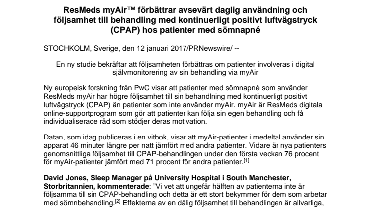 ResMeds myAir™ förbättrar avsevärt daglig användning och följsamhet till behandling med kontinuerligt positivt luftvägstryck (CPAP) hos patienter med sömnapné