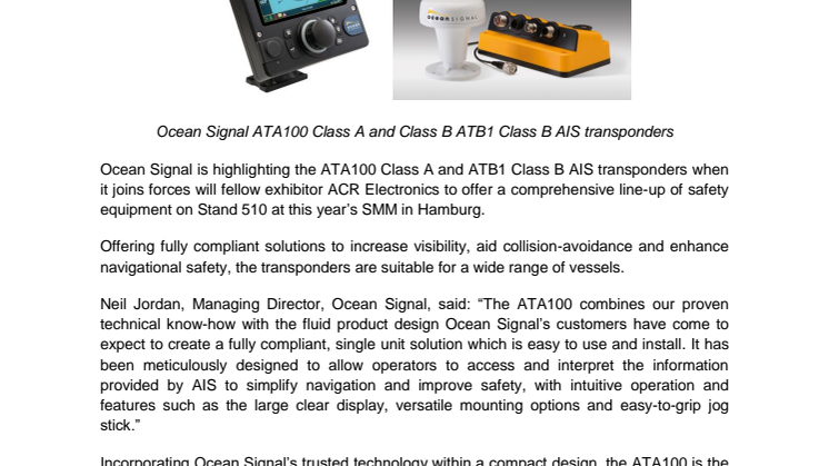 Ocean Signal Highlights AIS Transponders for Workboat and Offshore Operators at SMM 2018