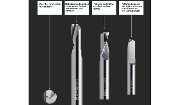 Datron End Mill 4-in-1 med plolerat skär, polerad spånkanal, pantenterad och balanserad verktygsspets för optimerade fräsresultat. 