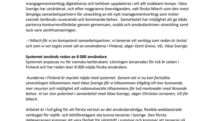 Finskt/svenskt samarbete stärker svenskt lantbruks konkurrenskraft