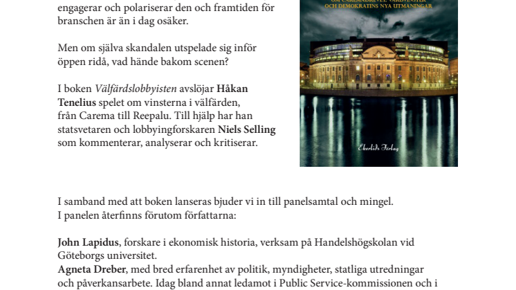 Inbjudan till release av boken Välfärdslobbyisten - om Caremadrevet, vårdvinster och demokratins nya utmaningar