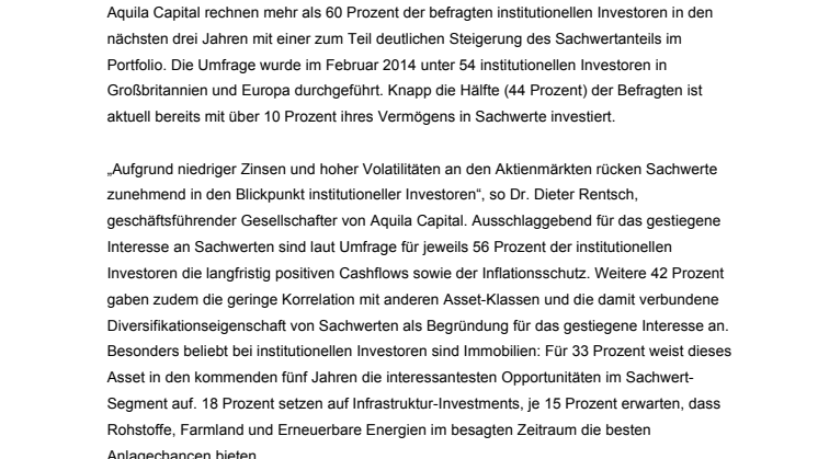 Aquila Capital: Institutionelle Investoren bevorzugen Direktinvestments in Sachwerte