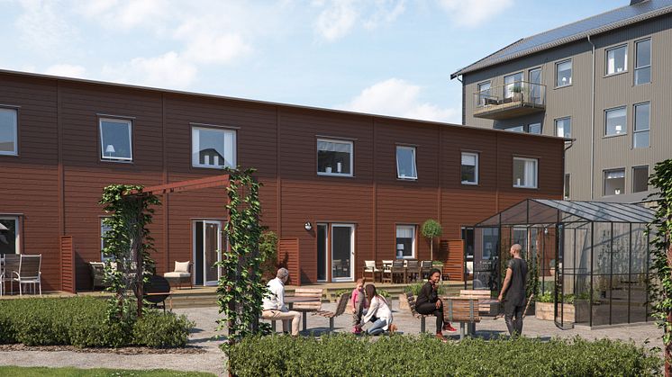 Illustration av de nya husen i BoKlok Diamanten på Bäckby, Västerås. 