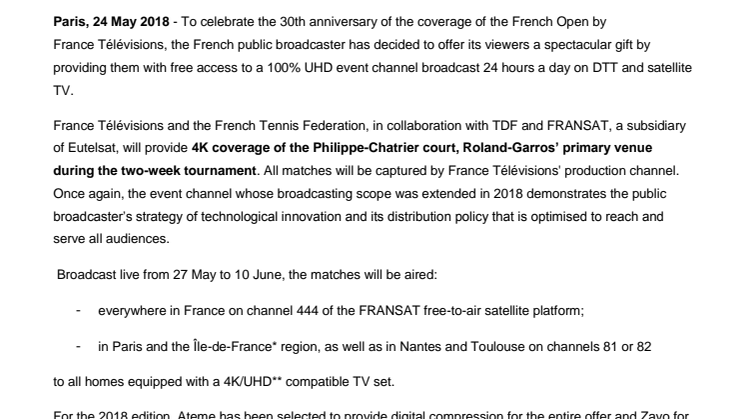 2018 French Open: two-week Grand Slam tennis tournament to be broadcast in Ultra High Definition 