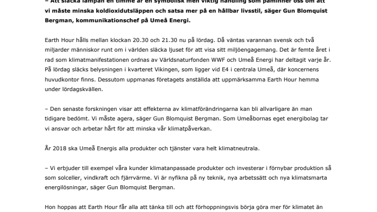 Umeå Energi tar ställning – deltar i Earth Hour på lördag