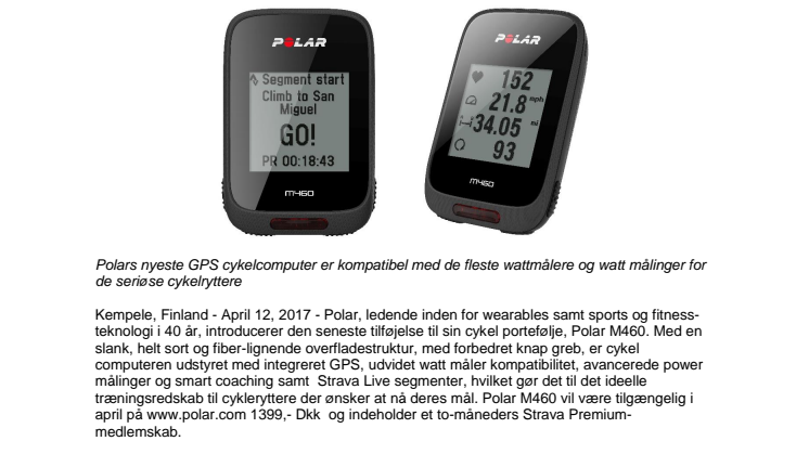 Polar introducerer Polar M460 Gps Cykelcomputer med Strava Live segmenter, Smart Coaching og Wattmåler kompabilitet