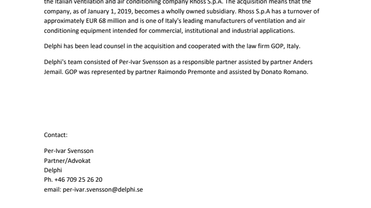 Delphi adviser to NIBE at the acquisition of Rhoss S.p.A in Italy