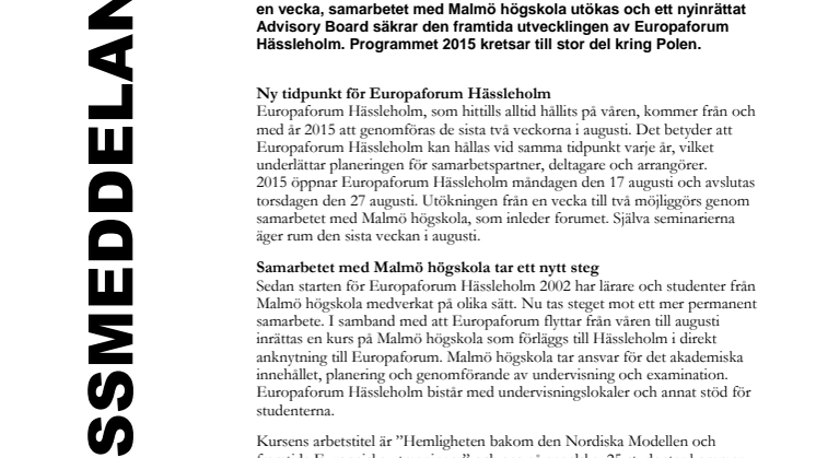 Europaforum Hässleholm 2015: 17 – 27 augusti