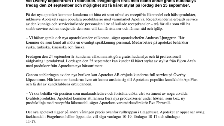 Apoteket AB öppnar ny butik Överby och inviger med gratis hudanalys