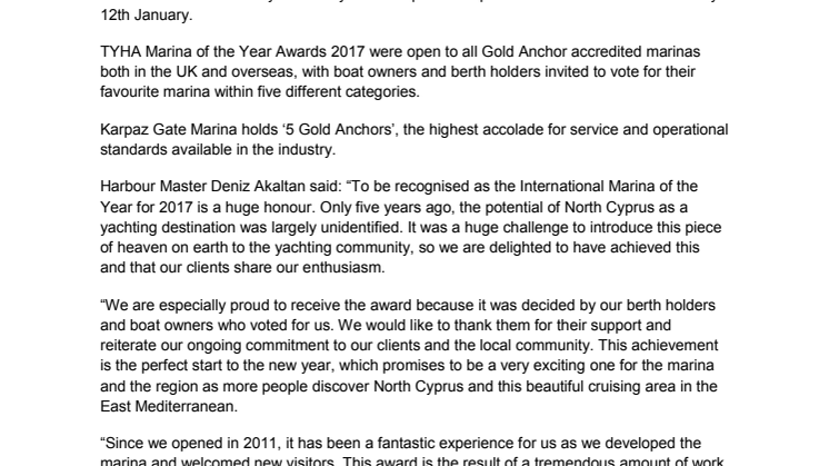 Karpaz Gate Marina Wins TYHA International Marina of the Year Award 2017