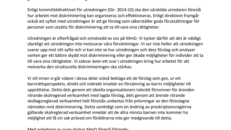 Remissvar Bättre skydd mot diskriminering SOU 2016:87