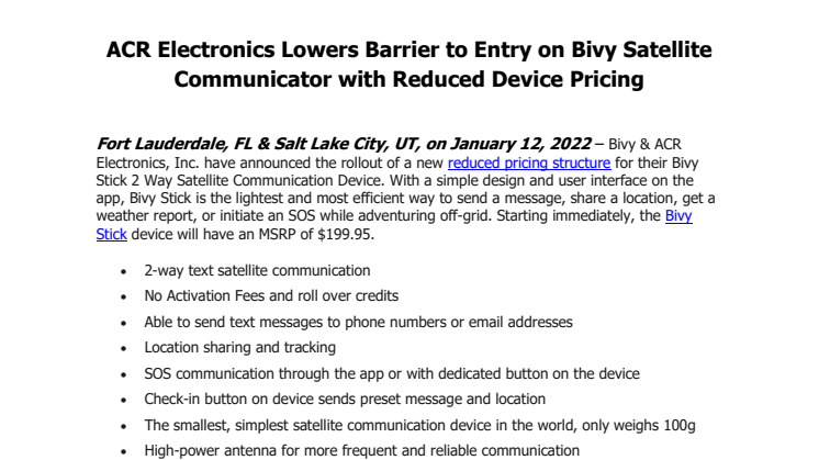 January 12 2022 - ACR Electronics Lowers Barrier to Entry on Bivy Satellite Communicator with Reduced Device.pdf