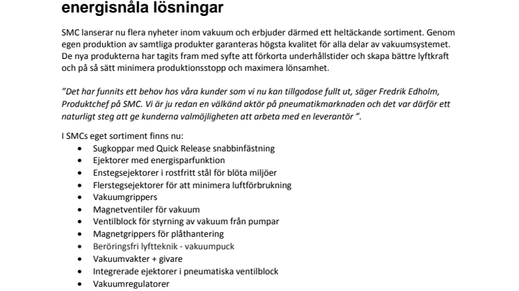 SMCs nya vakuumteknik ger säkrare hantering och energisnåla lösningar 