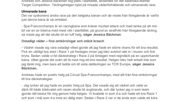 Syskonen Bäckman bjöd på fina omkörningar och otäcka krascher på Spa-banan 