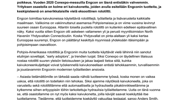 Engcon nostaa rototiltin keskipisteeseen Yhdysvalloissa, maailman suurimmilla konealan Conexpo-messuilla 2020
