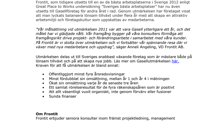 Frontit utsedda till Gasellföretag 2012
