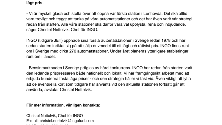 INGO öppnar automatstation i Lenhovda