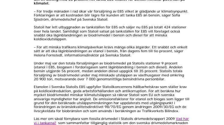 Fortsatt ökad försäljning av E85 under maj 