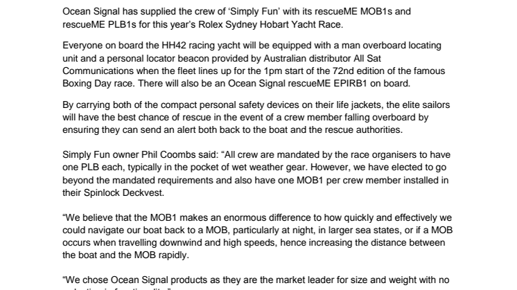 Ocean Signal: Ocean Signal Supplies ‘Simply Fun’ Crew with Safety Devices For Rolex Sydney Hobart Yacht Race