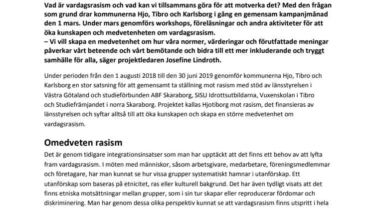 Stor kampanj mot vardagsrasism i Hjo, Tibro och Karlsborg i mars