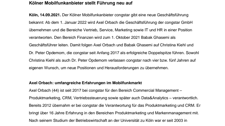 Axel Orbach und Babak Ghasemi werden Geschäftsführer der congstar GmbH