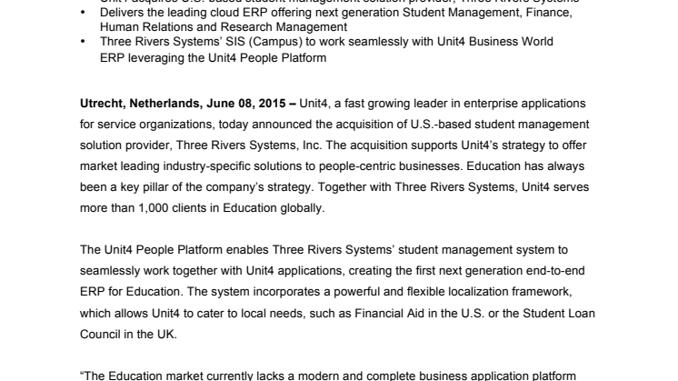 Unit4 växer ytterligare och förvärvar Three Rivers Systems