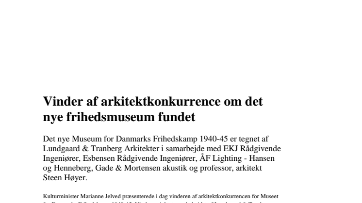 Vinder af arkitektkonkurrence om det nye frihedsmuseum fundet