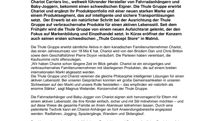 Die Thule Gruppe übernimmt die kanadischen Firma Chariot Carriers Inc. – verstärkter Fokus liegt auf einem aktiven Lebensstil