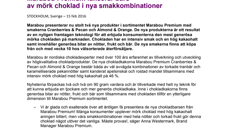 Marabou Premium lanserar bars av mörk choklad i nya smakkombinationer