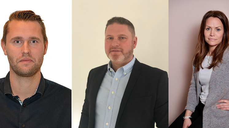 Från vänster: Daniel Lundmark (nytillträdd försäljningschef), Anders Olsson (tillträdande regionchef) och Ulrika Berg (nytillträdd marknadschef).