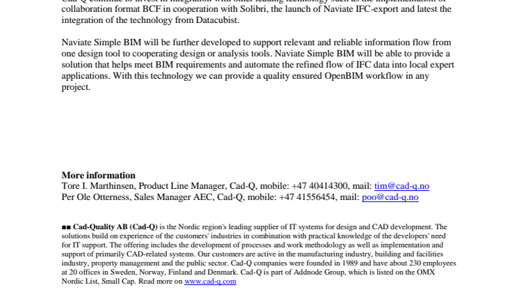 24.10.2012 Cad-Q and Datacubist sign OEM-agreement* and start cooperation within technology development