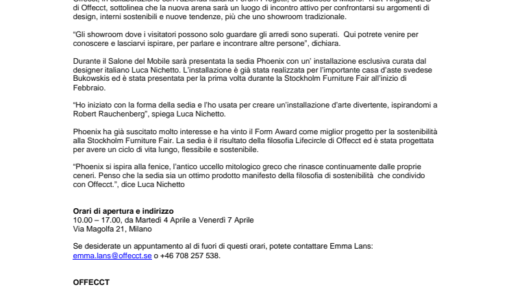 Offecct apre un nuovo showroom a Milano