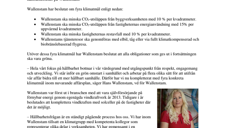 Wallenstam lanserar fyra klimatmål