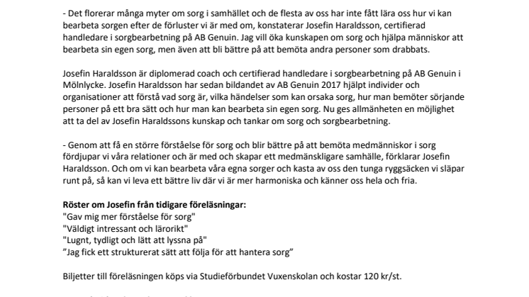 ​Sorgexperten Josefin Haraldsson föreläser i Mölnlycke