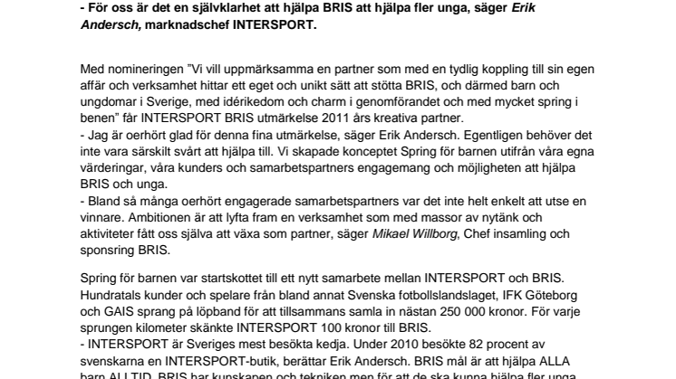 INTERSPORT får BRIS utmärkelse 2011 års kreativa partner