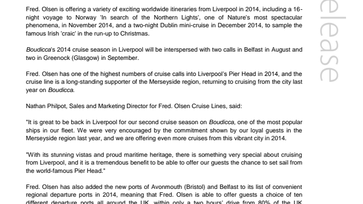 Fred. Olsen Cruise Lines’ Boudicca commences its second cruise season from Liverpool 