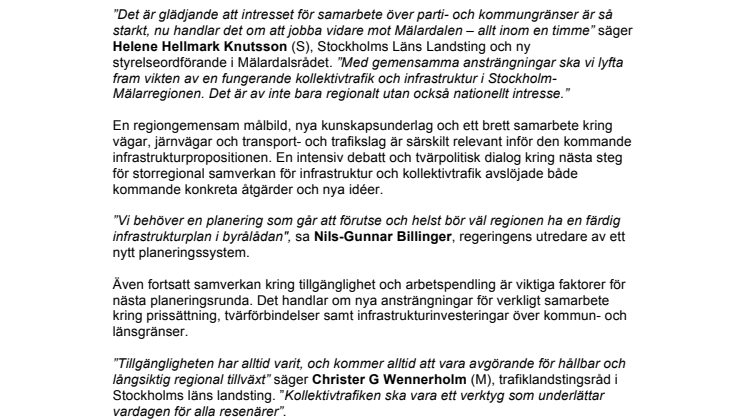 Bred enighet om samarbete kring framtidens infrastruktur och kollektivtrafik i Stockholm-Mälarregionen