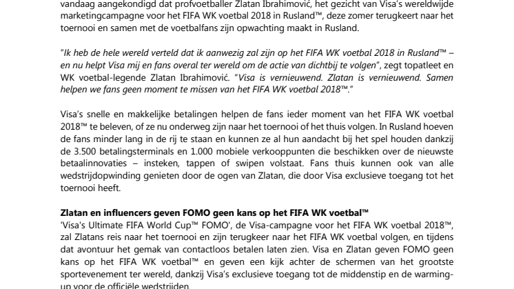 ​  Visa brengt Zlatan Ibrahimović terug naar het  FIFA WK voetbal 2018 Rusland™
